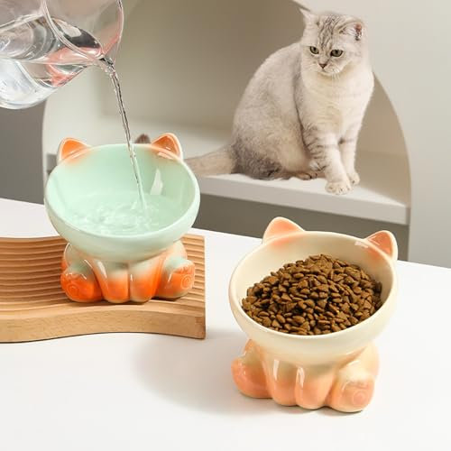 2 Pcs Elevated Cat Food Bowl, Ceramic Raised Cat Bowls, Cat Feeding Bowl Neck Protective Bowl, 14° Tilted Raised Cat Feeder