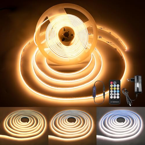 Macchiatto COB LED Streifen, 5m LED Streifen Band Selbstklebend mit Fernbedienung,einstellbare Farbtemperatur COB LED Stripes Flexible Anwendung in TV-Hintergrundbeleuchtung, Schlafzimmer, Küche