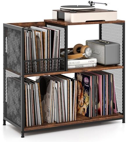 COSTWAY Record Player Stand, 3-Tier Turntable Stand End Side Table with Open Shelves and 3 Removable Dividers, Vintage Albums Vinyl Record Storage Cabinet Holder for Living Room Bedroom, Rustic Brown