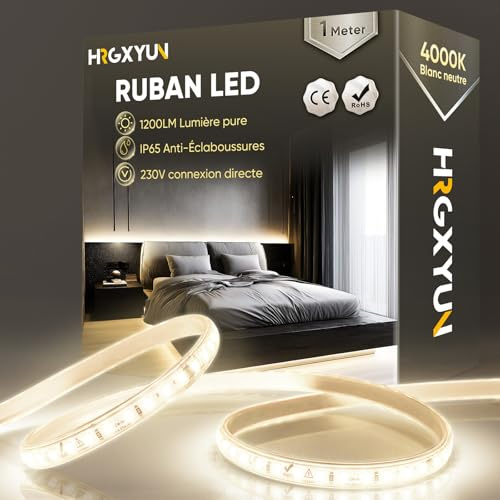 HRGXYUN 230V LED Streifen Aussen, SMD 2835 IP65 Wasserdicht, Bande LED Durchsichtig 1200LM Ohne Trafo Flexible Kürzbar für Zimmer und Außen Dekoration Beleuchtung, 4000K Neutralweiß, 1m