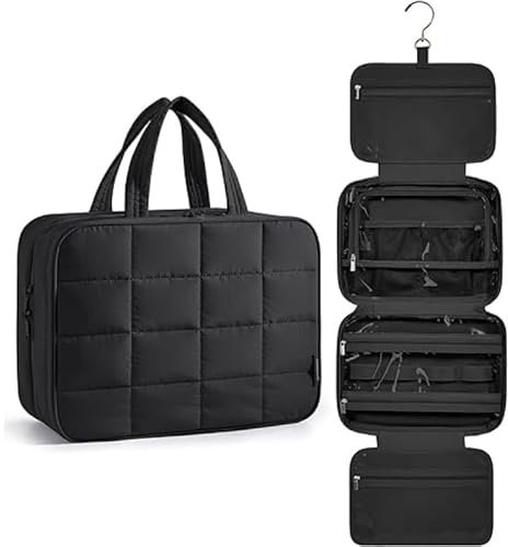 INMORVEN Kosmetiktasche zum Aufhängen – Kulturbeutel Damen Reise mit Schmuckfach, großes Fassungsvermögen, puffiges Design & 360° Haken (Schwarz, M)