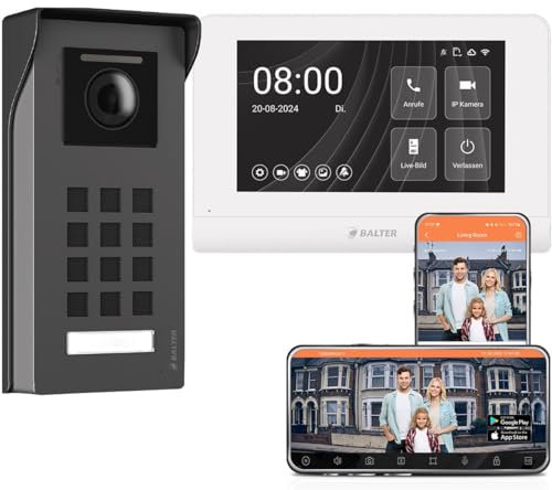 Balter ENTRI M Aufputz Video Türsprechanlage mit 7 Zoll WLAN Touchscreen HD Monitor, 2-Draht Türklingel mit Kamera und WiFi Mobile Smartphone App Türöffner Funktion für 1 Familienhaus Set