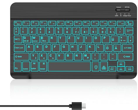 FOGARI Wireless Bluetooth Tastatur für Tablet iPad, Samsung, Lenovo, Xiaomi | USB-C Wiederaufladbar 7 Farben Beleuchtete Keyboard Kompatibel Windows, Android, IOS, Deutsche Layout QWERTZ, Schwarz