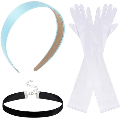 TAXTYHRE 3 Stück Prinzessin Kostüm Zubehör, Lange Weiße Handschuhe, Blau Haarreif, Schwarz Choker Kette, Mädchen Damen Dress Up Accessoires, für Halloween Cosplay Mottoparty Karneval Party