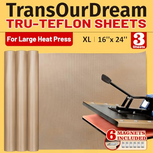 TransOurDream 3 PTFE Teflon Sheets Size XL16 x 24 and 6 Magnets(XL-3+6) | for Heat Transfer Paper/Sublimation Paper for Holding Heat Press Reusable Heat Resistant Non Stick