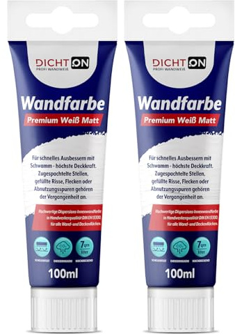 DICHTON Wandfarbe Ausbessern weiß mit Schwamm 2x100ml Tube einfaches Auftragen, höchste Deckkraft, hohe Reichweite - Innenfarbe scheuerfest, emissionsarm, spritzarme Ausbesserungsfarbe D.63W