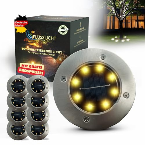 FLUSSLICHT Solar Bodenleuchten 8er-Set Warmweiß inkl. 3 Ersatz-Erdspieße | Stimmungsvolle Gartenbeleuchtung für Terrasse, Wege & Beet | IP65 wasserdicht | Edelstahl | Automatik bis 10 Std. Leuchtdauer