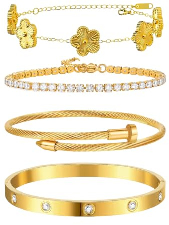 4 Pcs Gold Clover Bracelets for Women 18K Gold Plated Floral Bracelet Set Stackable Four Leaf Clover Bangle Bracelet Set Stainless Steel Bangles Non Tarnish Lucky Link Bracelets Jewelry Gifts (Gold)