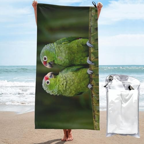Mikrofaser-Strandtuch für Reisen, saugfähiges, schnell trocknendes Badetuch, zwei Papageien, grüne Palme, sandfreies, leichtes Handtuch mit Aufbewahrungstasche, kompaktes Camping-Handtuch zum Wandern