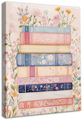 Dazzlewall Encadré Vintage Pink Canvas Wall Art, Rétro Floral Livre Pile Oeuvre D’Art Imprimer Filles Chambre Dortoir Décoration Murale pour Chambre Salon, 12x16 pouce