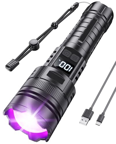 MOWETOO Linterna UV Recargable 365nm 2 en 1 con Pantalla LCD | UV y Luz Blanca, Recargable por USB C, Diseño con Zoom, Para Detección de Orina de Mascotas, Curado de Resina, Rocas