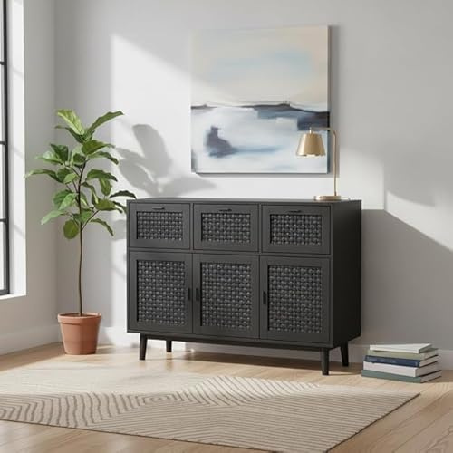 SUNFECILI Rattan Sideboard Kommode mit Schubladen, Großer Holz-Küchenschrank, Komodenschrank in Rattanoptik, Aufbewahrungsschrank für Wohnzimmer, Schlafzimmer & Küche (Schwarz, Sideboard +Schubladen)