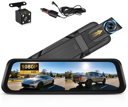 OiLiehu 9.66 IPS Mirror Dash Cam, Smart Rear View Mirror Camera, 1080P + 480P Dash Cam Front and Rear, Night Vision, Parking Assist, Loop Record, Exposure Compensation, Motion Detection