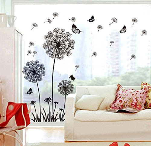 ufengke® Schwarze Löwenzahn und Schmetterlinge Fliegen im Wind Wandsticker, Wohnzimmer Schlafzimmer Entfernbare Wandtattoos Wandbilder
