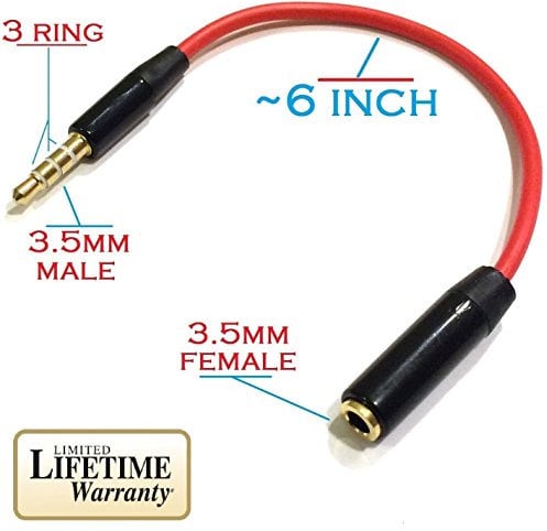 Josi Minea 3.5mm Red Headphone Extender Adapter 3 Ring Jack for Apple iPhone 6,6 Plus,5S,5C,5 4S, iPad Air,Mini, Samsung Galaxy S6,S5,S4,S3, HTC One, Nokia Lumia & most other Smartphones & Tablets