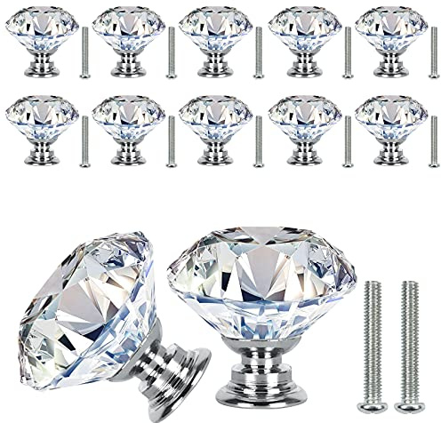 Diamant Kristall Möbelknöpfe 30mm Schrankknöpfe und Schubladenknöpfe 12 Stk | Praktische Knöpfe für Kommode, Hochwertige Kristallglas Schrankknöpfe, Geeignet für Küche Bad Wohnzimmer Hausmöbel