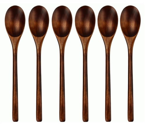 AOOSY Spoons, Wooden Spoons for Eating, 6 Pieces Japanese Natural Soup Spoons Wooden Spoon for Cooking Mixing Stirring Honey Tea Soda Dessert Coconut Bowl Nonstick Pots Kitchen