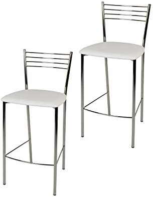 t m c s Tommychairs - 2er Set Moderne Barhocker Elena für Küche und Esszimmer, Robustes Gestell aus verchromtem Stahl, gepolsterte Sitzfläche mit weissem Kunstleder bezogen