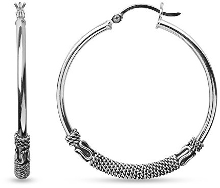 LeCalla 925 Sterling Silber große Ohrringe leichte antike Bali Hoops | zweifarbige oxidierte balinesische Ohrringe für Frauen