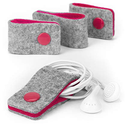 stilbag Kabelbinder Finn aus Filz, 4er Set | Knöpfe wiederverschließbar | Optimal für Kopfhören und USB Ladekabel (Hellgrau - pink)