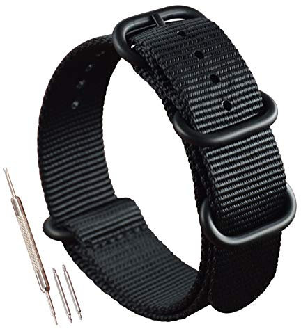 MZBUTIQ 24mm Schwarz Nylon Uhrenarmband Watch Belt für Herren Damen Matte Schwarze Schnalle 4 Ringe