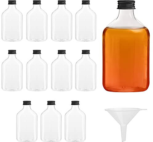 BELLE VOUS Mini Bottle (Pack of 12) - 250ml Reusable Empty Plastic Bottles with Black Screw Caps and Funnel for Liquids - Mignonettes for Weddings and Parties
