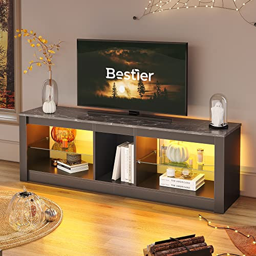 TV Stand Schrank 140CM Modernes TV Gerät mit Glasregal RGB LED Beleuchtet für 65 TVs TV Unterhaltungsgerät mit Ambient Lights für Wohnzimmer Schlafzimmer