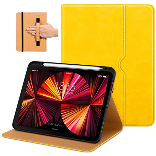 DTTO Case for iPad Pro 11 Inch 4th / 3rd / 2nd / 1st Generation 2022/2021/2020/2018,Premium PU Leather Folio Stand Cover with Hand Strap, Auto Wake/Sleep,Multiple Viewing Angles, Yellow