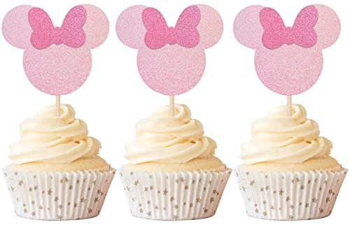 Xsstarmi 24 PCS Pink Mini Mouse Inspired Cupcake Toppers with Dark Pink Bow Glitter Mini Mouse Cupcake Picks Baby Shower Kids Boys Girls Birthday Party Wedding Cake Decorations Supplies