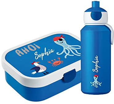 4youDesign Mepal Bento Box & Trinkflasche Set personalisiert Ahoi blau – Geschenk für Kinder Weihnachten, Nikolaus, Geburtstag - Auslaufsicher – Brotdose 750ml, 400ml Flasche