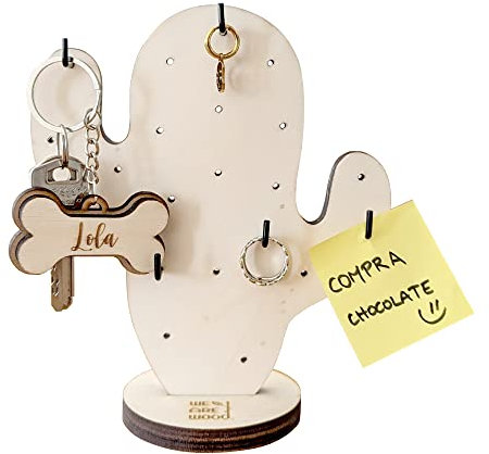 WEAREWOOD | Cactus de madera. Soporte de madera para llaves, joyas y notas con 6 ganchos. Portallaves. Portanotas. Colgador. Regalo original. Decoración de hogar y de oficina.