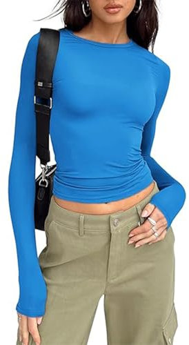 OYIGELZ Women's Basic Long Sleeve Shirt Crop Top Y2K T-Shirt Slim Fit Casual Tee Tops Streetwear(Blue-a,M)