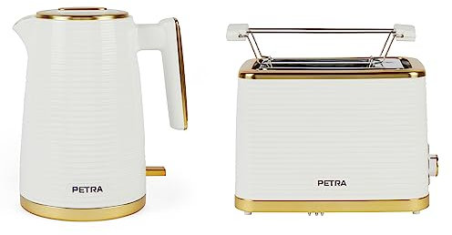 Petra 1.7L Wasserkocher & 2 Scheiben Toaster - Erwärmung Aufsatz für Brötchen/Gebäck, 7 Einstellbare Bräunungsstufen, 360° drehbare Basis, Antikalkfilter, automatische Abschalt, 2200/9300W, Weiß/Gold