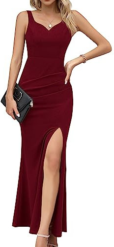 Missufe Sommerkleid Cocktailkleid Festliche Partykleid Maxikleid Damen Abendkleid Bodycon Kleider (Burgunderrot, Mittel)