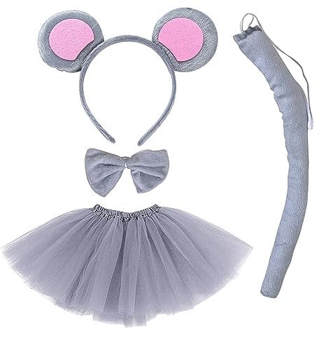 TSHAOUN Mouse Ears Headband, Animal Costume Set, Ears Headband Tail Animal Tutu Skirt Dress Up Set, for girls and boys Cosplay Birthday Party Carnival Christmas Party Supplies (Grey)