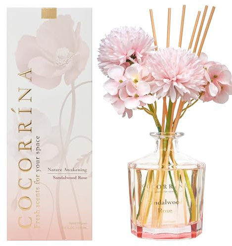 COCORRÍNA Fleur Diffuseur Parfum Maison, Bois de Santal Rose 250ml avec 8 Diffuseur Bâtonnets diffuseur de Parfum, Batonnets Diffuseur Parfum, Reed Diffuseur pour Salle de Bain étagère décoration
