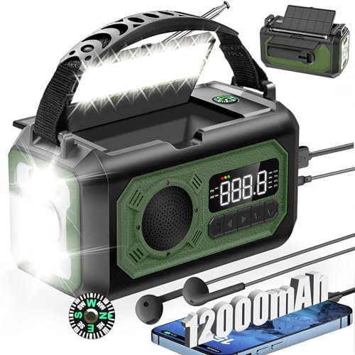 Radio de manivela de 12000 mAh con función de Carga Solar, 2 Paneles solares, manivela Am/FM de Emergencia, 3 métodos de Carga, Radio de Emergencia portátil 7 en 1, SOS, Linterna, Conector para