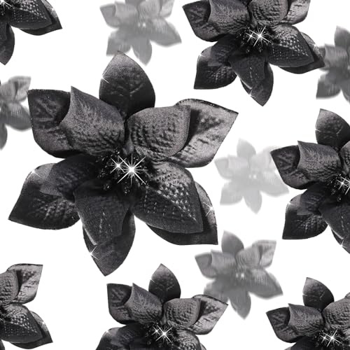 Cindeer 36 Stück Weihnachtsbaum Blumenschmuck, 3 Größen, Schwarz | Künstliche Weihnachtsstern Blumen Glitzer, Weihnachtsblumen mit Clips, 10 cm 15 cm 22 cm, Für Weihnachten, Neujahr