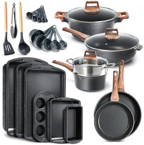 Bakken-Swiss 20-Piece Kitchen Cookware Set – Granite Non-Stick – Eco-Friendly – for All Stoves & Oven-Safe - Marble Coating