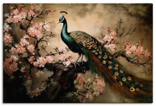 ARTLAND Wanddeko Leinwand Bilder Wandbild 120x80 cm Asiatische Deko Pfau Baum Blumen Kirschblüten Vintage U4WA