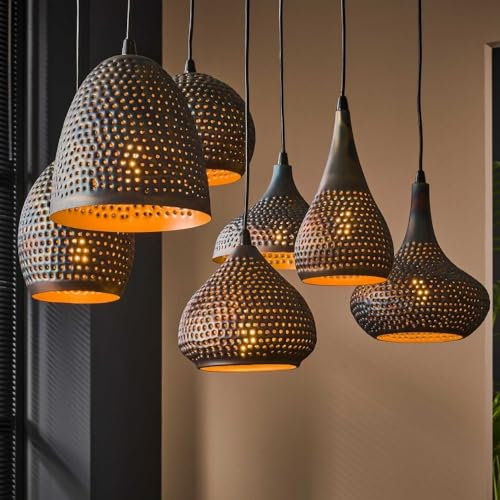 famlights | Pendelleuchte Janko in Braun-antik und Bronze E27 7-flammig