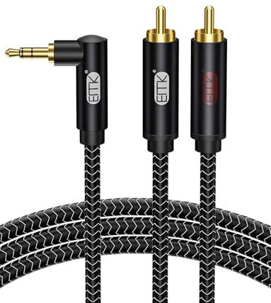 EMK RCA Cables Right Angle Jack 3.5mm to 2RCA Cable 90 Degree AUX Audio Lead Y Splitter Nylon Braided 3.5mm AUX Cord for Smartphone, Speaker, Soundbar, Tablet, TV, Car Stereo (1meter)