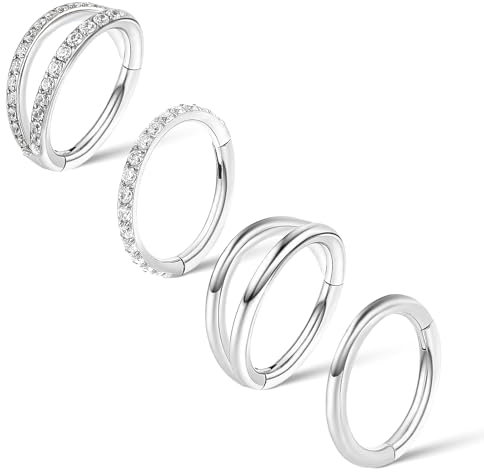 Lusofie 4Pcs Silver Nose Hoop Surgical Steel Helix Conch Hoop Earring Hinged Clicker Nose Ring 18G Septum Ring Cartilage Lip Earring Hoops Piercing Jewelry for Women(8mm)