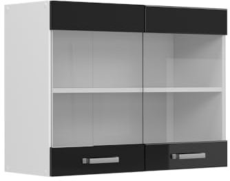 Vicco Küchenglasschrank R-Line, Glashängeschrank, Schwarz Hochglanz/Weiß, 80 cm