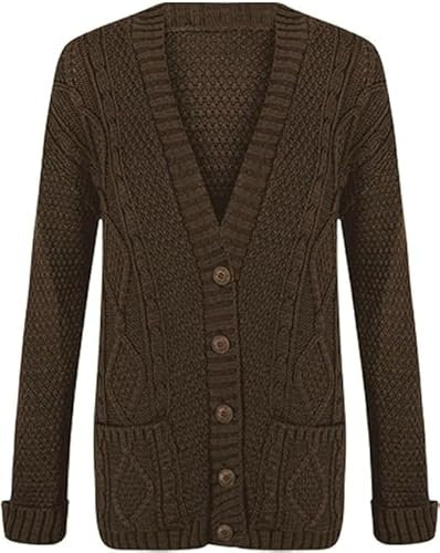 OutfitsbySMILE Women's Ladies Long Sleeve Button Top Chunky Aran Cable Knitted Grandad Cardigan Brown UK Size 20/22
