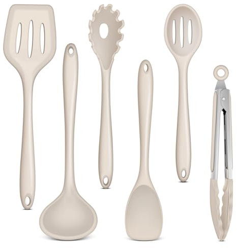 Onader Set di 6 utensili da cucina in silicone, set di utensili da cucina, antiaderenti, resistenti al calore, per cucinare, lavabili in lavastoviglie, colore: kaki