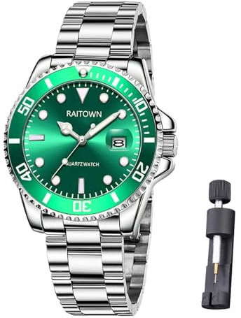 Raitown Herrenuhren Edelstahl Quarz Wasserdicht Leuchtende Mode Klassisches Großes Zifferblatt Blau Grün Schwarz Uhr Männer Geschenk Armbanduhr