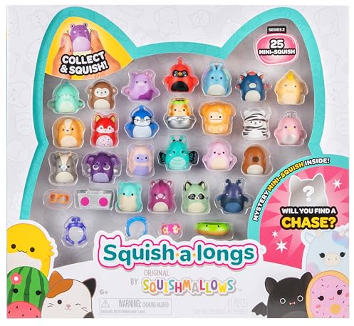 Squish-a-longs 25 Pack - Series 2 - (25) 1” Mini-Squish, 5 Accessories, 1 Ring, & 1 Collector’s Guide - 2 Chase Figures - Collect, Trade, & Play