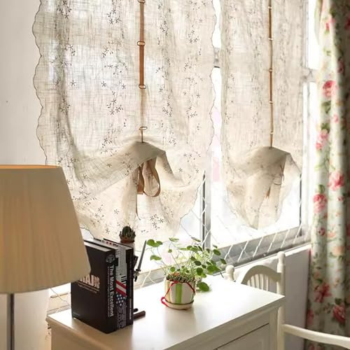 A.Monamour Raffrollo mit Schlaufen Raffgardinen Bindegardine Schlaufenrollo Baumwolle Leinen Halbtransparent Floral Bestickter Stoff Küche Gardine Vorhang Store, Rod Tasche/Pinch Pleat, 2 Stücke