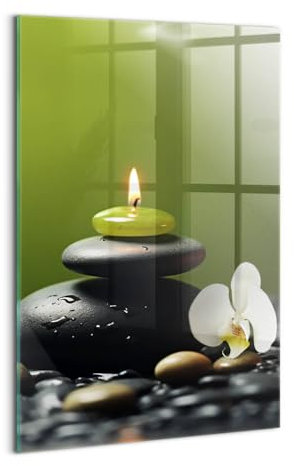 Wallfluent Gehärtetes Glas Dicke 4mm Für die Küche Badezimmer und Schlafzimmer Glasbild 40x60cm Wanddekoration Wandbild Bild Mit Motiv - Zen-Entspannungsnatur und Steine